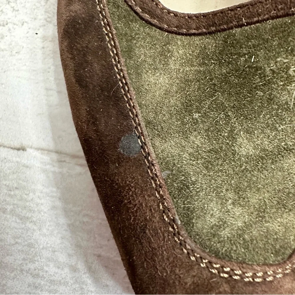 Salvatore Ferragamo Women Sz 9.5 AA Brown Green Suede Vintage Boho Chic Slip Ons